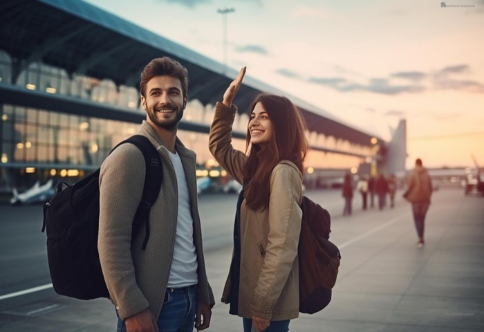 Two travellers with backpacks at an airport at sunset