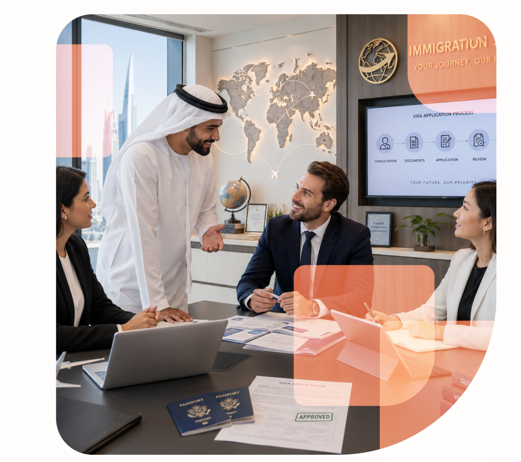 Visa experts advising corporate clients in a Dubai office